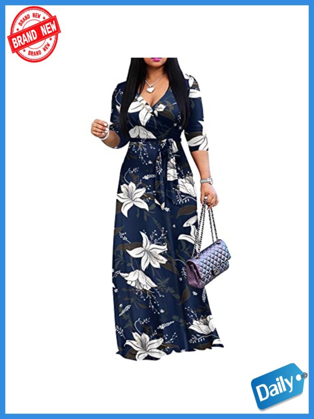 Plus Size Maxi Dress V-Neck 3/4 Sleeve A-Line Geometric Print Polyester Spandex